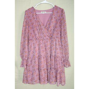 Inspired Hearts Smocked Dress Faux Wrap Purple Tiered Long Sleeve Womens Medium